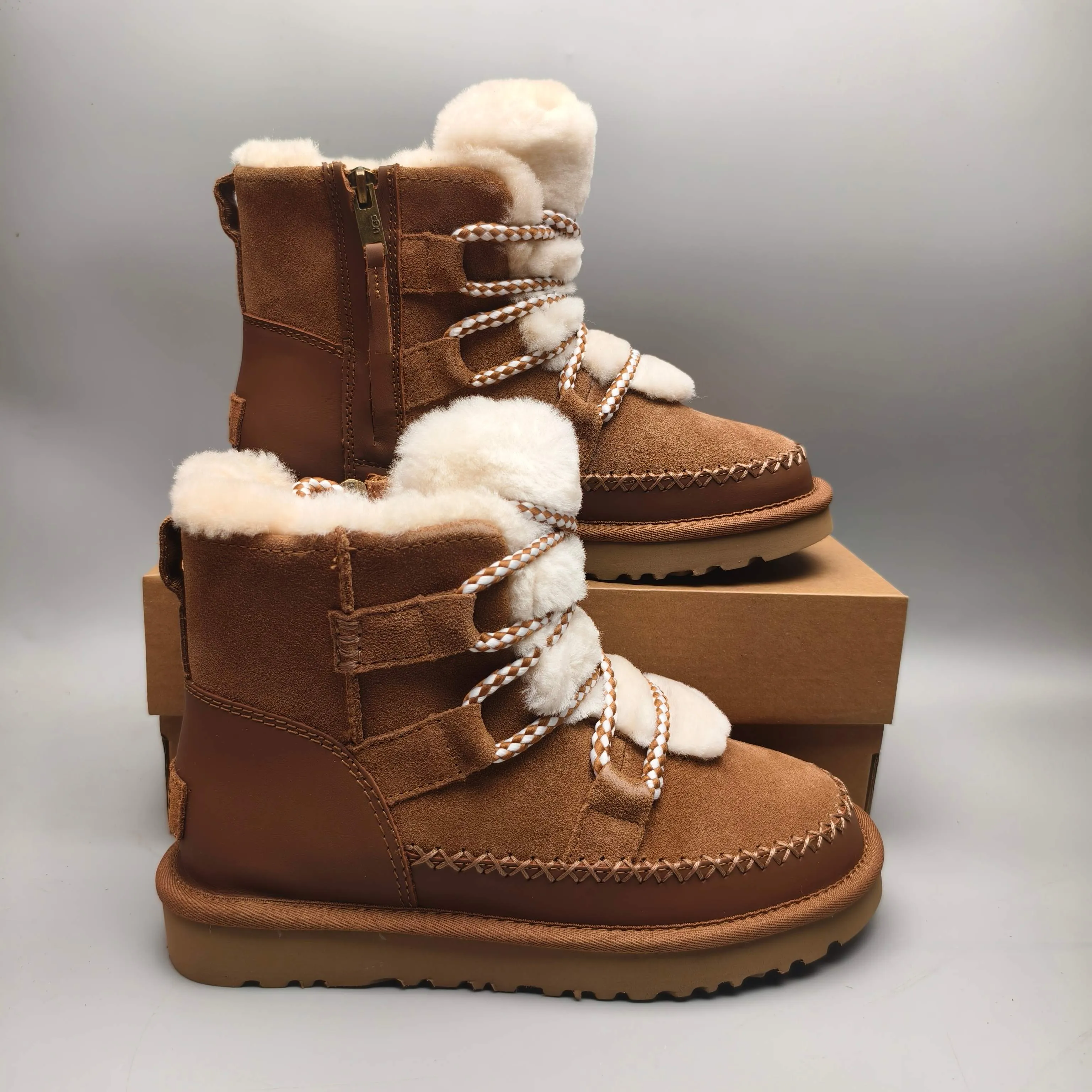 💰600 UGG sheepskin all-in-one snow boots 4574 lace-up side zipper casual shoes Color: Brown Maroon Matching size: 35-40